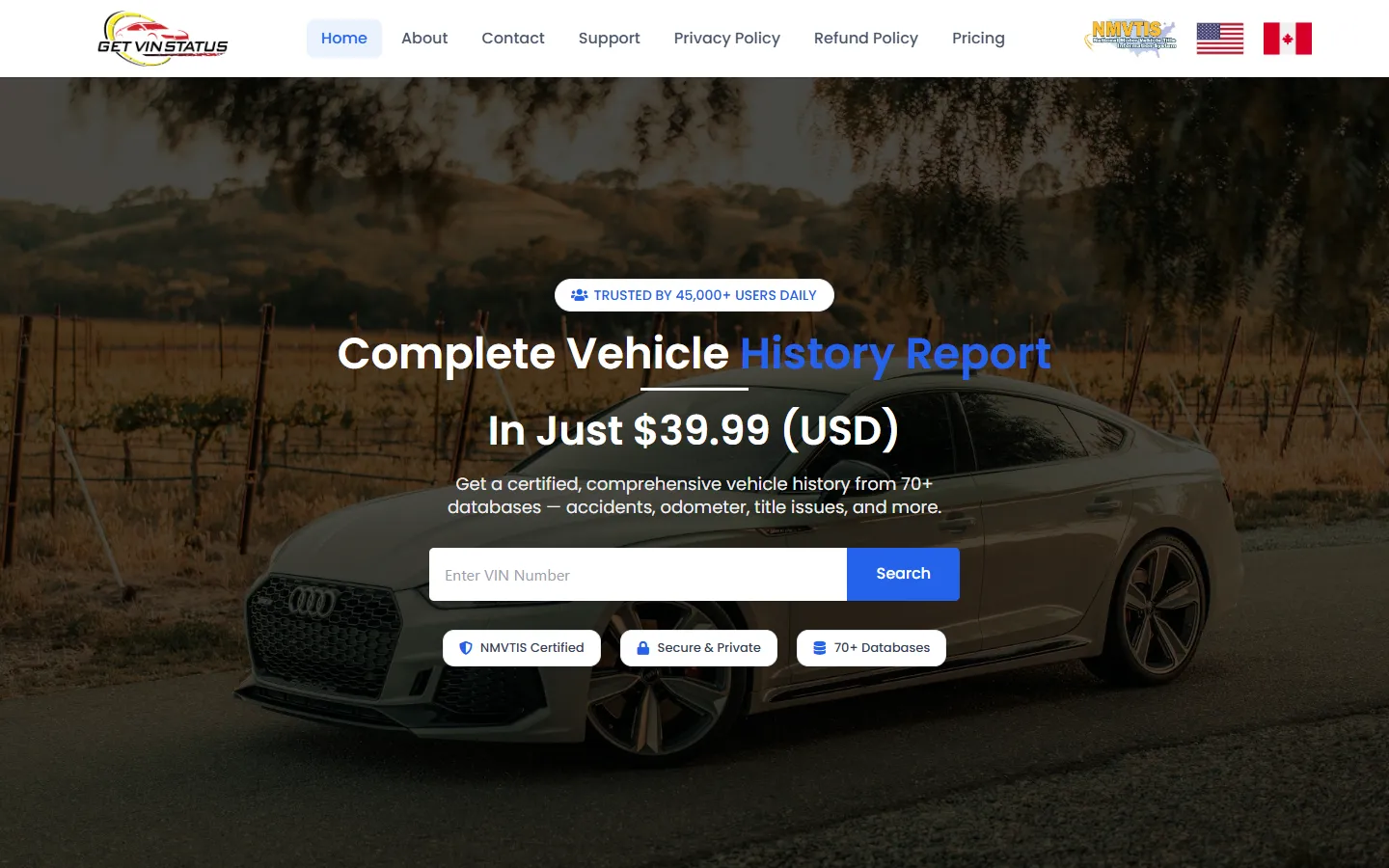 Get VIN Status website landing page